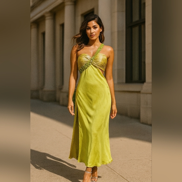 One-shoulder Lime Green evening gown. Size 8. Beading Detail - Picture 1 of 15